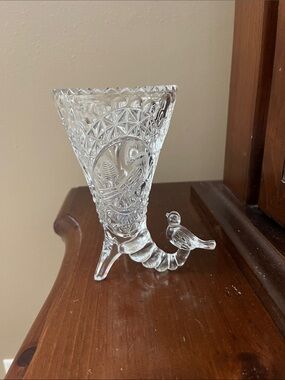 Clear Glass Cornucopia Vase with Bird Accent